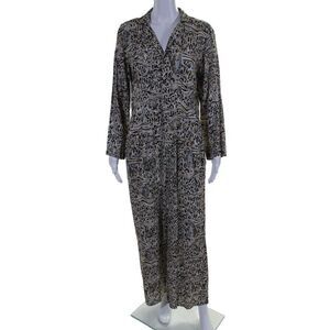 HVN Womens Brown Leopard Print Collar Long Sleeve Wide Leg Jumpsuit Size 4